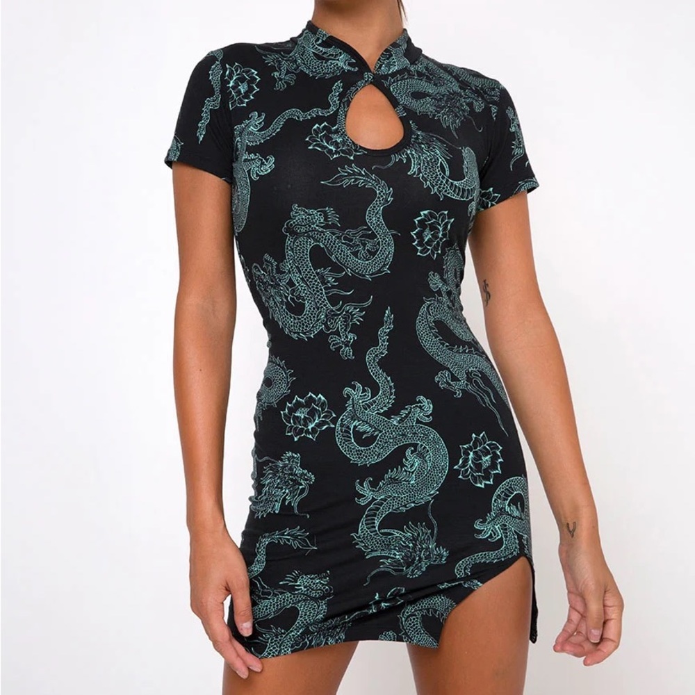 Motel Rocks Black and Green Dragon Mini Dress
